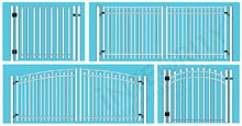 Four Different Residential Gate Configurations: Regal Wave Arch, Stonecliff Sunrise Arch, Horizon Straight Gate, Stonecliff Sunset Arch
