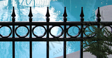 Camelot Black Metal Pool Fence Panels With Decorative Finials and Optional Circle Enhancements