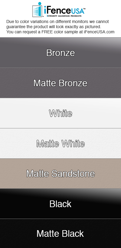 Nine Aluminum Residental Gate Colors Swatches: Matte Bronze, Bronze, White, Matte White, Matte Sandstone, Black, Matte Black